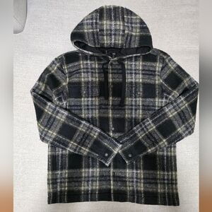 Banana Republic black and olive plaid poly wool blend hooded shirt jacket